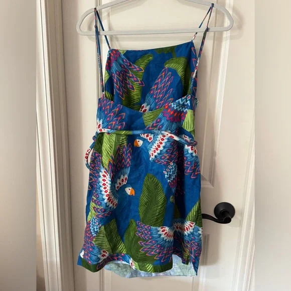 Farm Rio Blue Macaw Linen Wrap Mini Dress - Picture 3 of 8